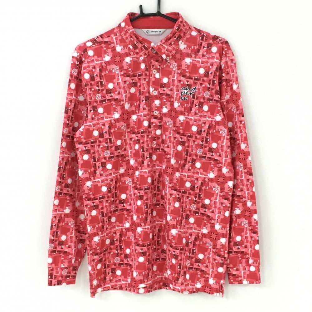 【超美品】アンパスィ 長袖ポロシャツ レッド×白 総柄 ボタンダウン メンズ L ゴルフウェア and per se