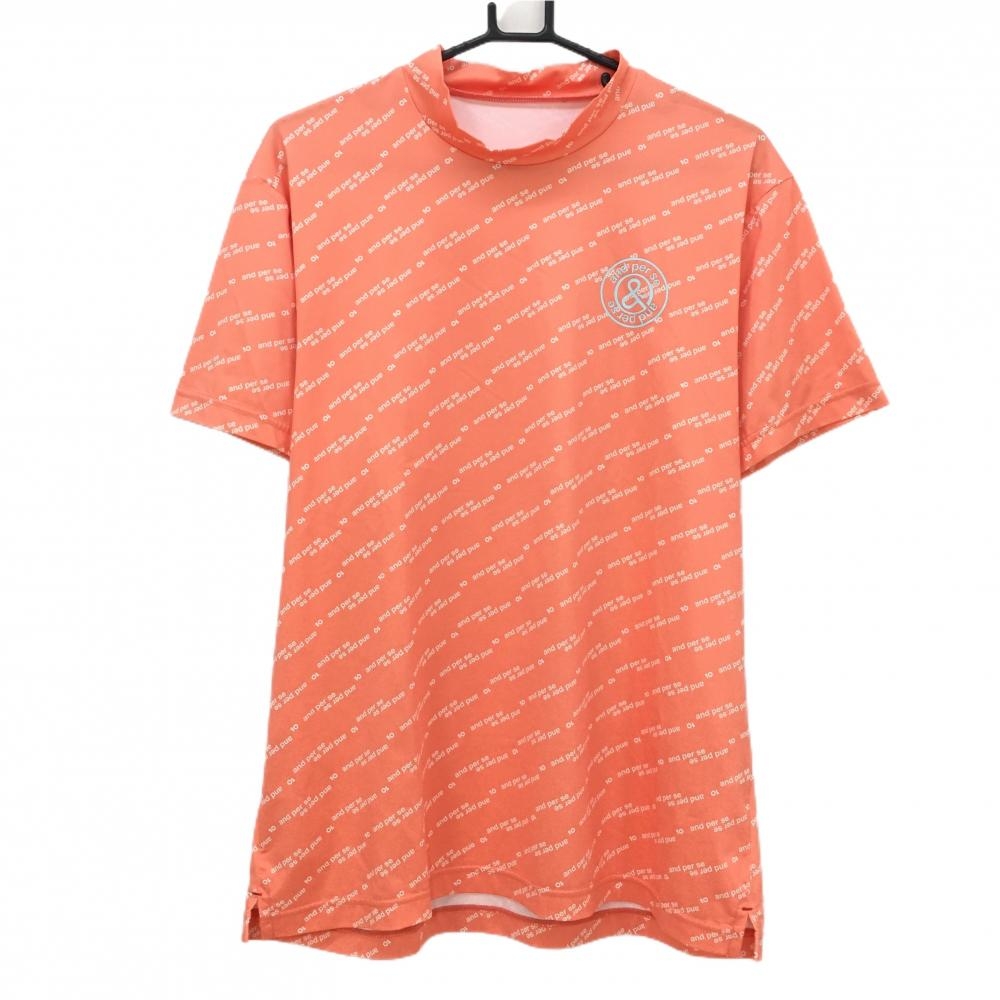 【超美品】アンパスィ 半袖ハイネックシャツ オレンジ×白 ロゴ総柄 メンズ LL ゴルフウェア and per se
