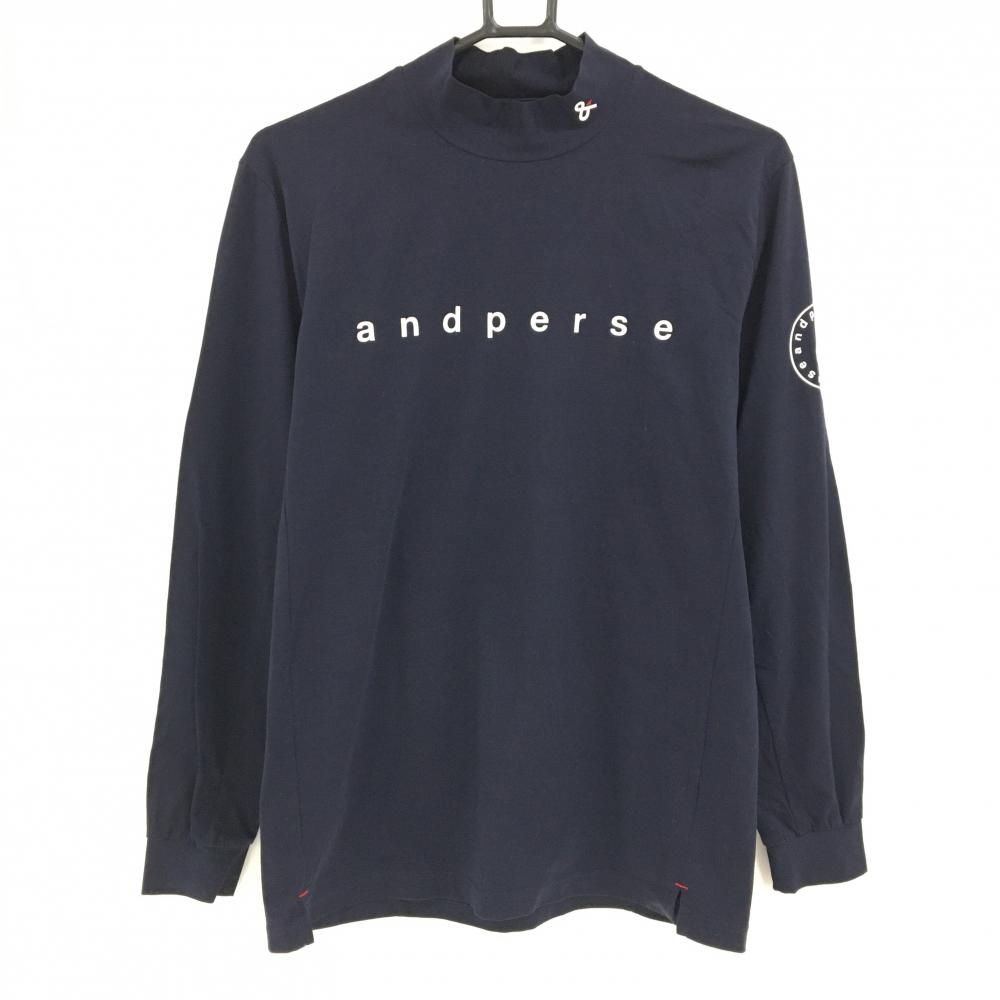 【超美品】アンパスィ 長袖ハイネックシャツ ネイビー×白 フロントロゴ メンズ M ゴルフウェア 2024年モデル and per se
