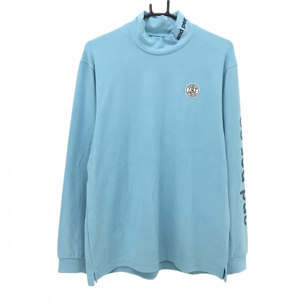 【超美品】アンパスィ 長袖ハイネックシャツ ライトブルー×ネイビー 袖ロゴ 微起毛  メンズ LL ゴルフウェア and per se