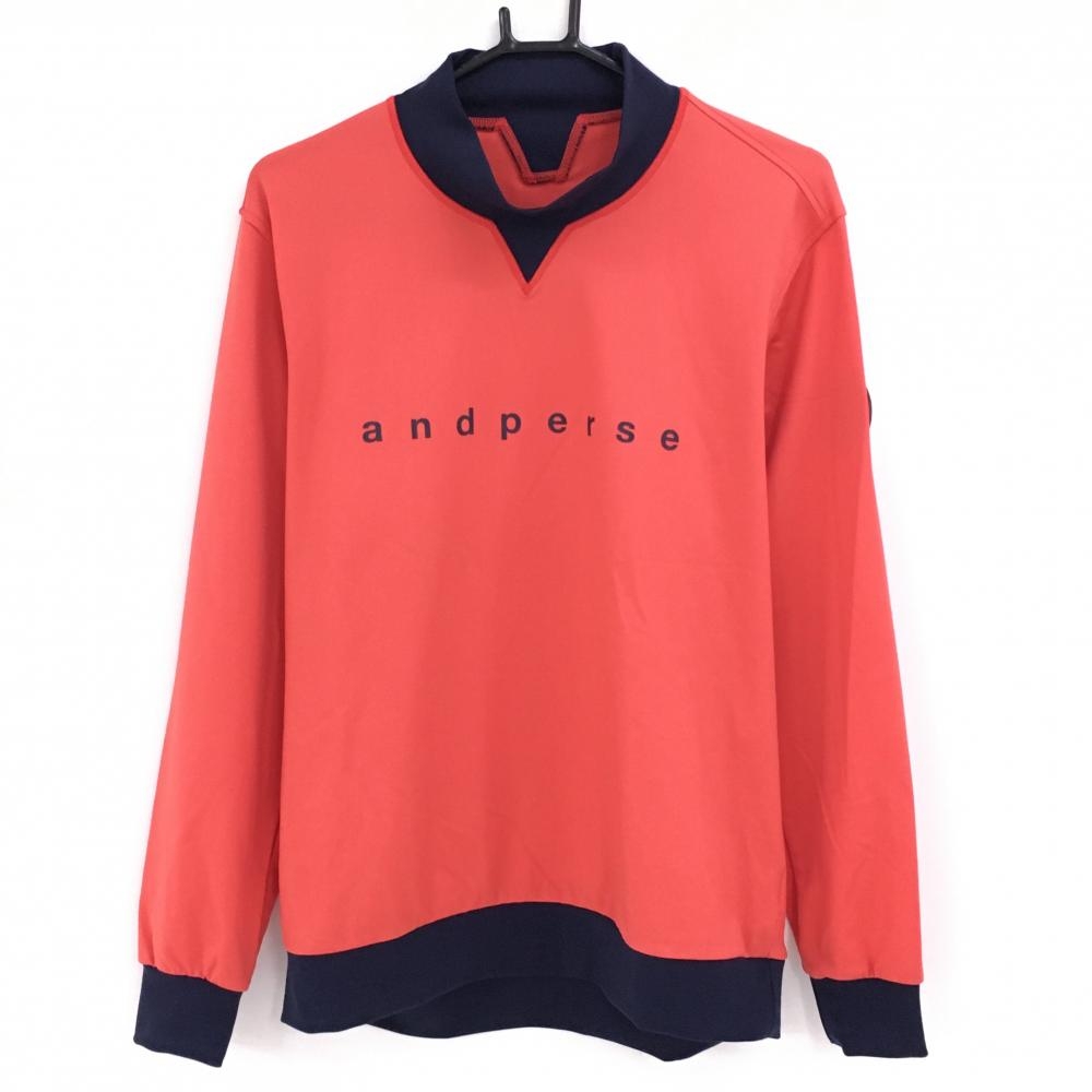 【超美品】アンパスィ 長袖ハイネックシャツ レッド×ネイビー フロントロゴ ストレッチ  メンズ LL ゴルフウェア and per se