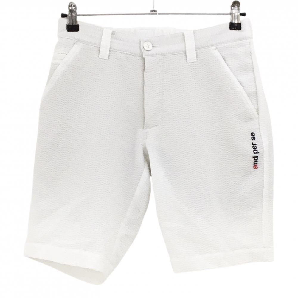 【美品】アンパスィ ハーフパンツ 白×ネイビー サッカー生地 裏地付 ストレッチ メンズ M ゴルフウェア and per se