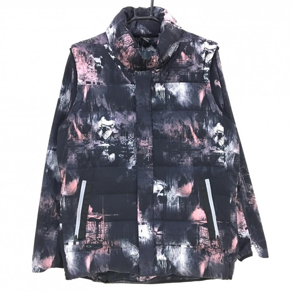 【超美品】オークリー ライナー付ダウンベスト 黒×ピンク 総柄 ライナー収納可 ロゴ刺しゅう ダウン90％ メンズ XL ゴルフウェア Oakley