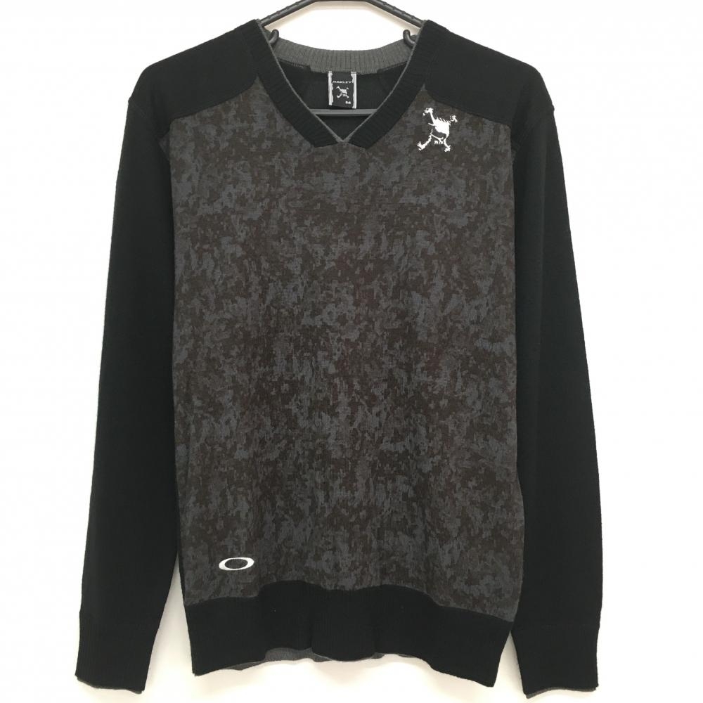 オークリー セーター 黒×ブラウン ロゴ刺しゅう Vネック ウール混 ニット メンズ M ゴルフウェア Oakley 画像