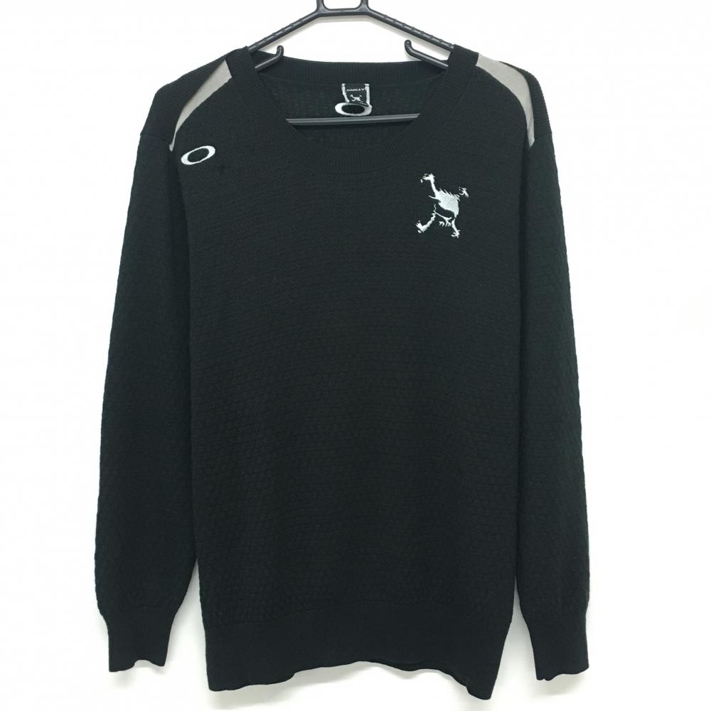 オークリー セーター 黒×グレー ロゴ刺しゅう ウール混 ニット メンズ XL ゴルフウェア Oakley
