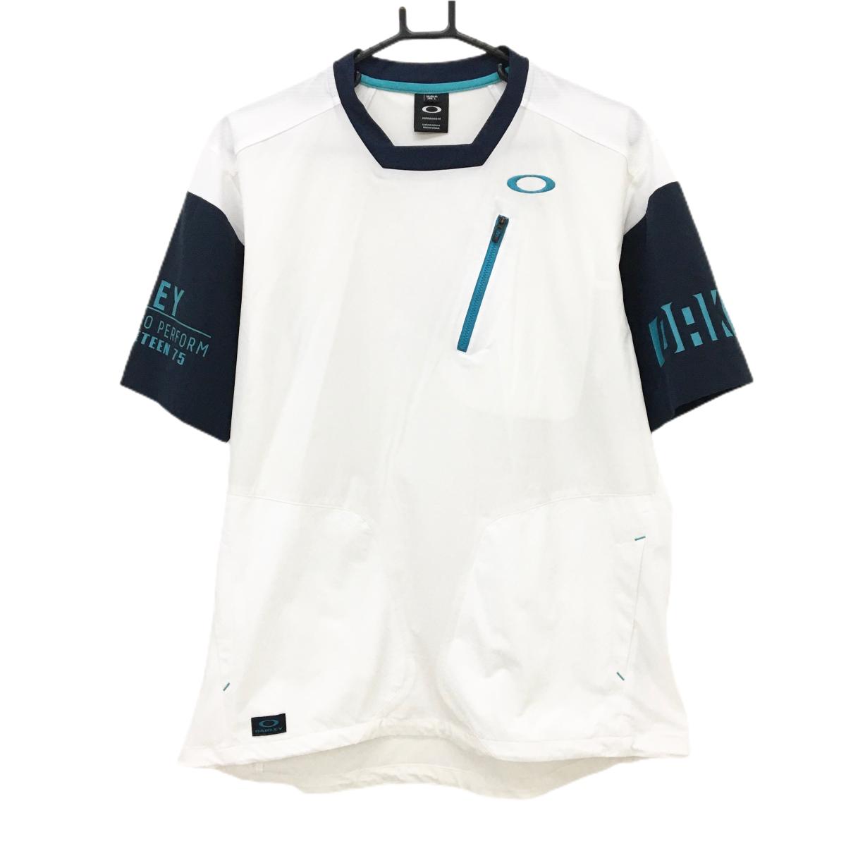 【超美品】オークリー 半袖スニード 白×ネイビー 胸ポケット 裾ドローコード メンズ L ゴルフウェア Oakley