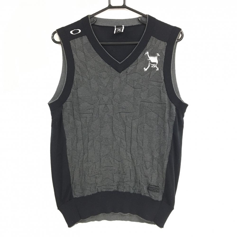 オークリー ニットベスト グレー×黒 前身頃凹凸編み Vネック  メンズ M ゴルフウェア Oakley