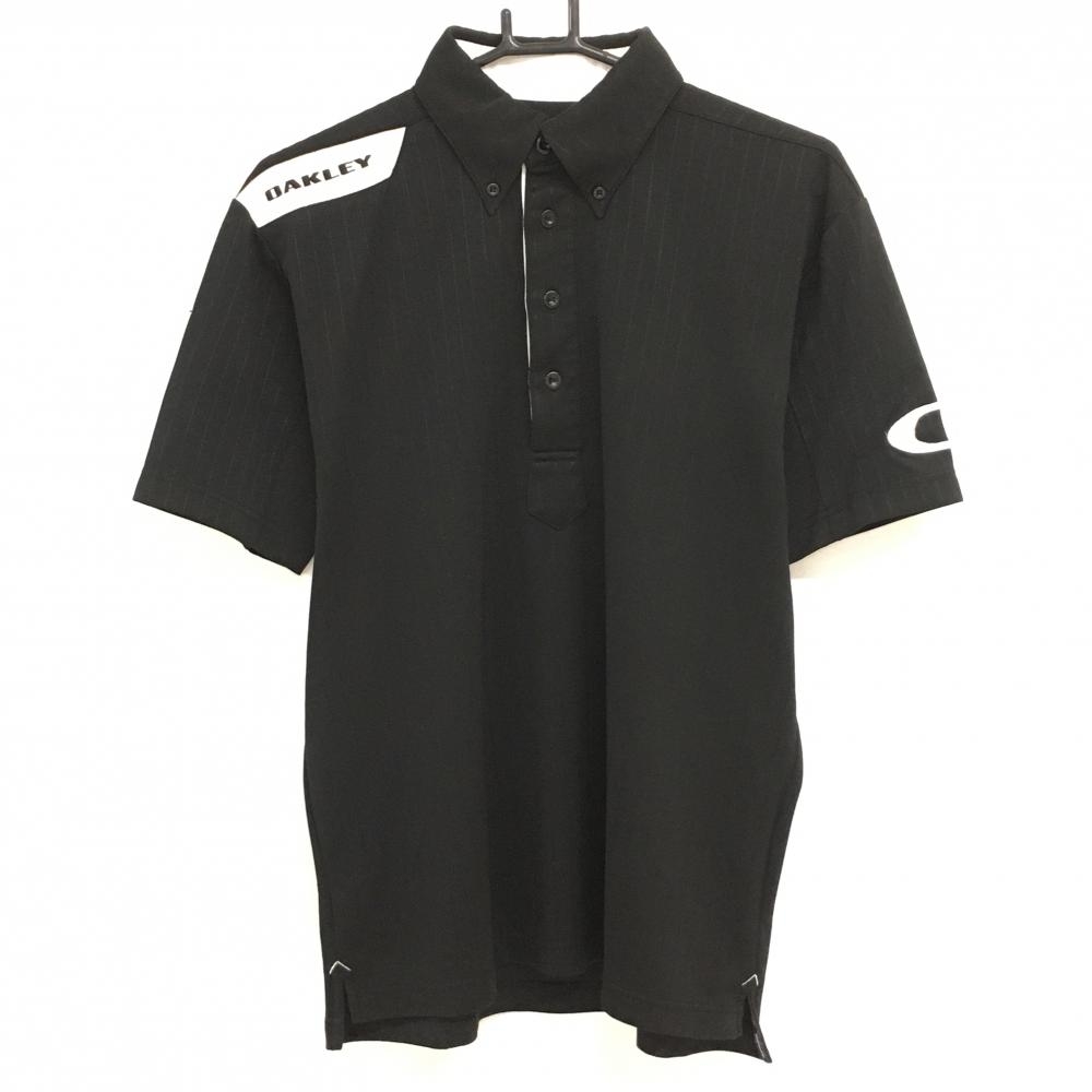 【美品】オークリー 半袖ポロシャツ 黒 ストライプ地模様 一部メッシュ  メンズ M ゴルフウェア Oakley 画像