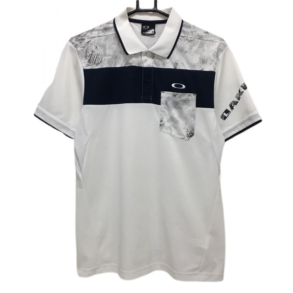 オークリー 半袖ポロシャツ 白×ネイビー 上部総柄 胸ポケット メンズ M ゴルフウェア Oakley 画像