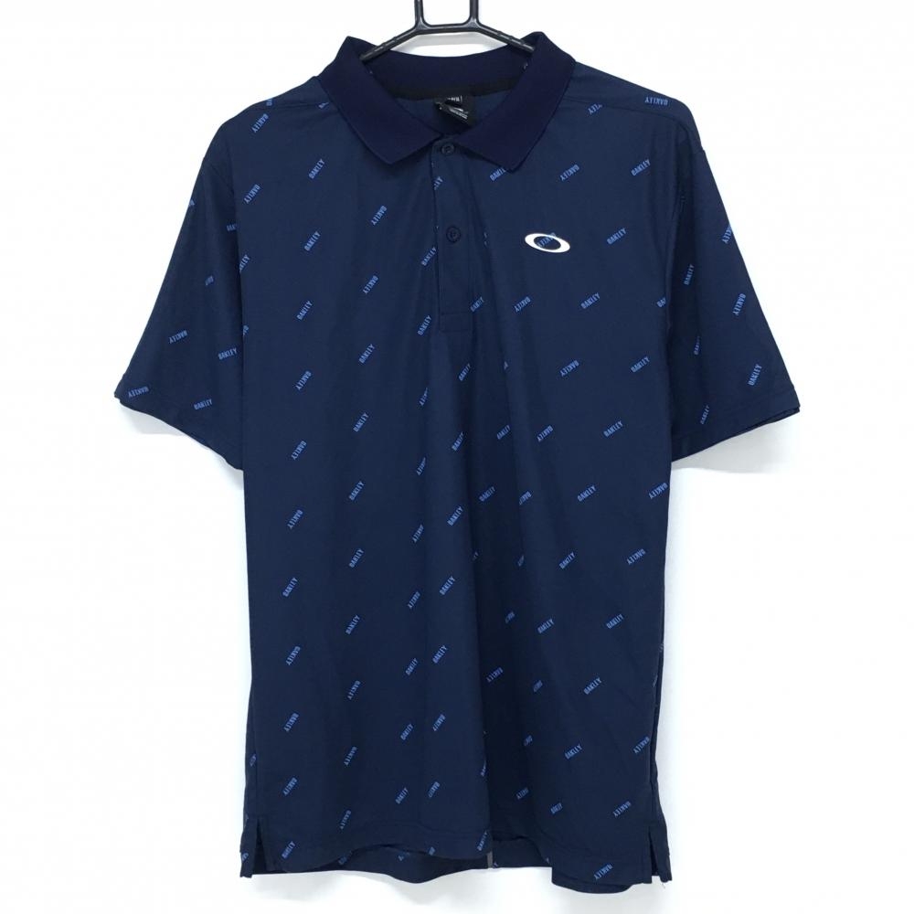 【超美品】オークリー 半袖ポロシャツ ネイビー×ライトブルー ロゴ総柄 メンズ 2XL ゴルフウェア Oakley 画像