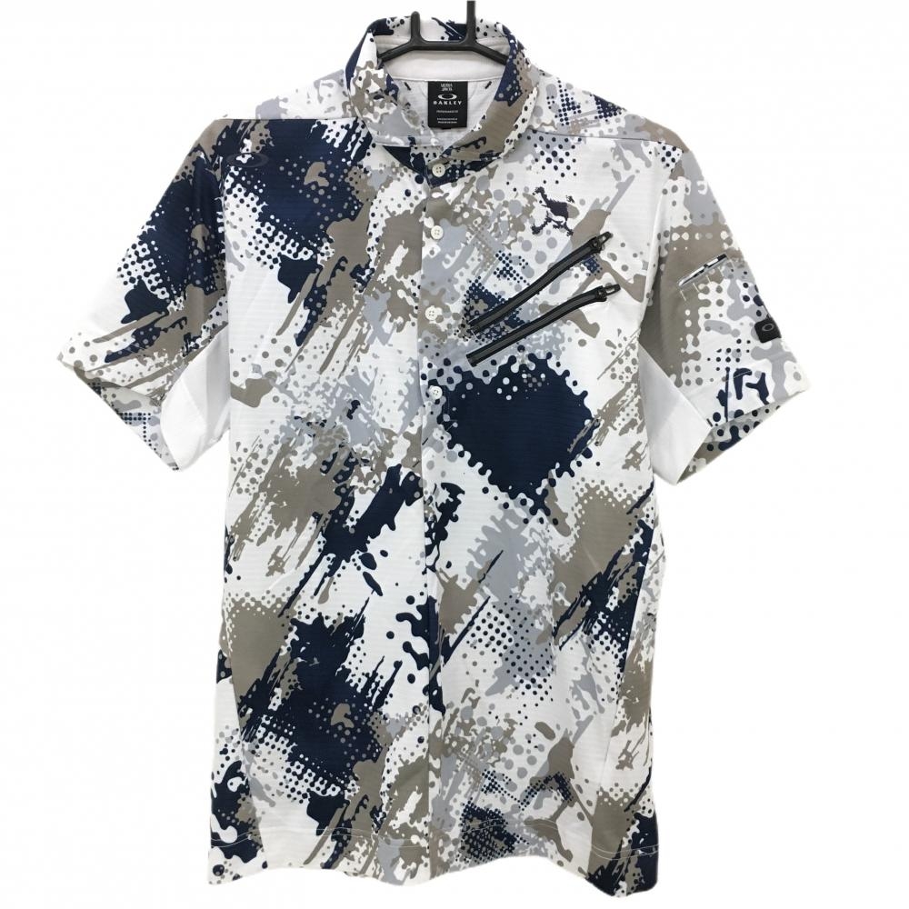 【超美品】オークリー 半袖ポロシャツ 白×ネイビー×ベージュ ペイント柄 胸ジップポケット メンズ XL ゴルフウェア 2023年モデル Oakley