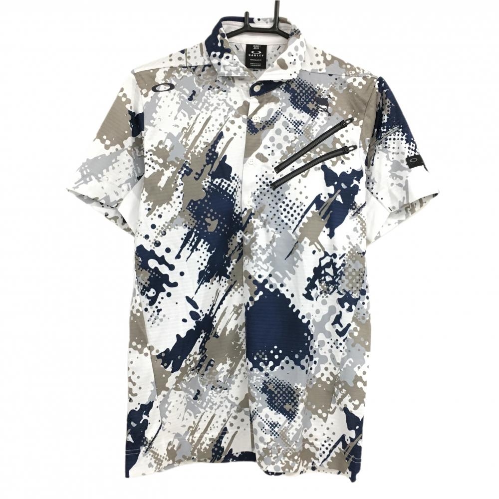 【超美品】オークリー 半袖ポロシャツ 白×ネイビー スプラッシュ柄 ティー装着可 メンズ M ゴルフウェア 2023年モデル Oakley
