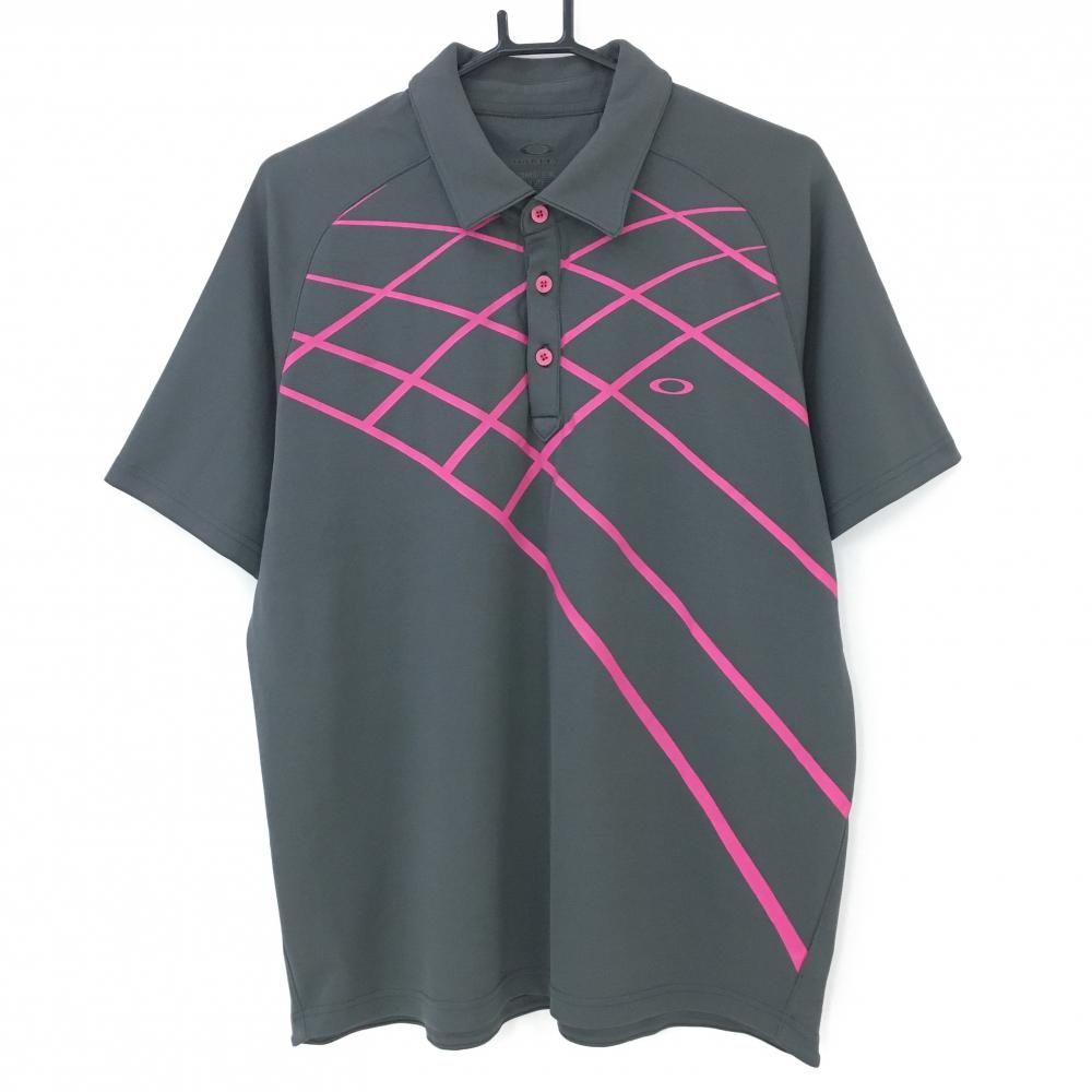 【超美品】オークリー 半袖ポロシャツ グレー×ピンク 一部柄 ロゴプリント  メンズ L ゴルフウェア Oakley 画像