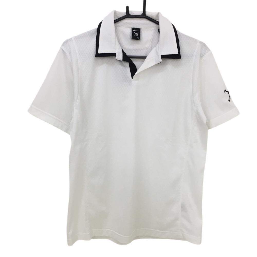 オークリー 半袖スキッパーシャツ 白×黒 織生地 ロゴ刺しゅう  メンズ M ゴルフウェア Oakley