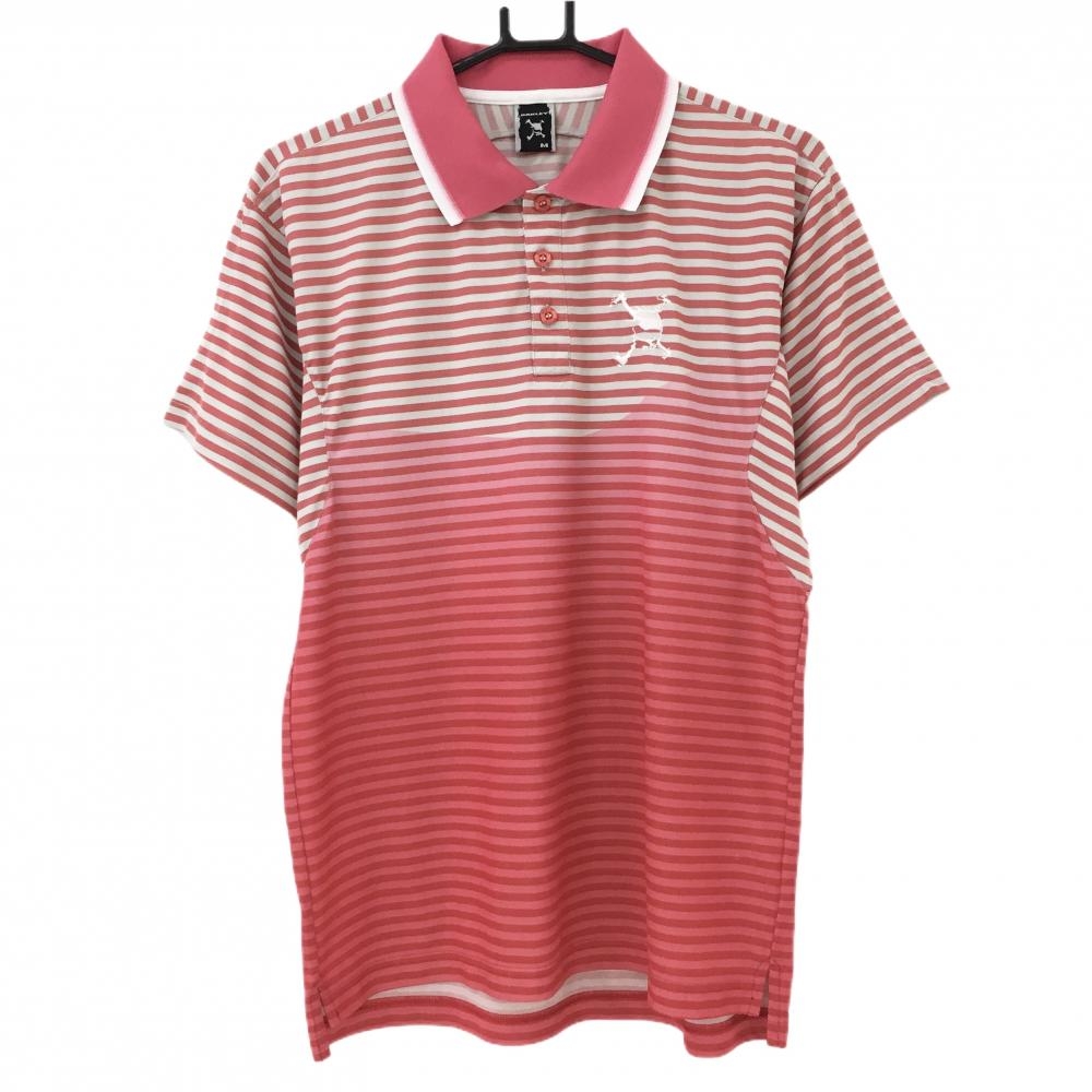 【美品】オークリー 半袖ポロシャツ ピンク×グレー ボーダー スカル刺しゅう メンズ M ゴルフウェア Oakley