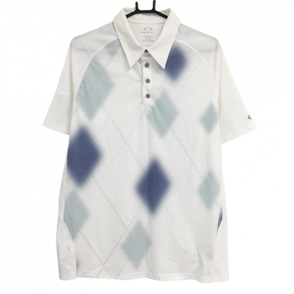 オークリー 半袖ポロシャツ 白×ブルー 前面ダイヤ柄風  メンズ XL/TG ゴルフウェア Oakley