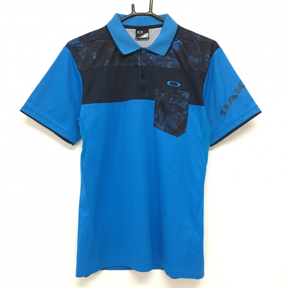オークリー 半袖ポロシャツ ブルー×ネイビー 一部柄 胸ポケット ロゴ刺しゅう メンズ M ゴルフウェア Oakley