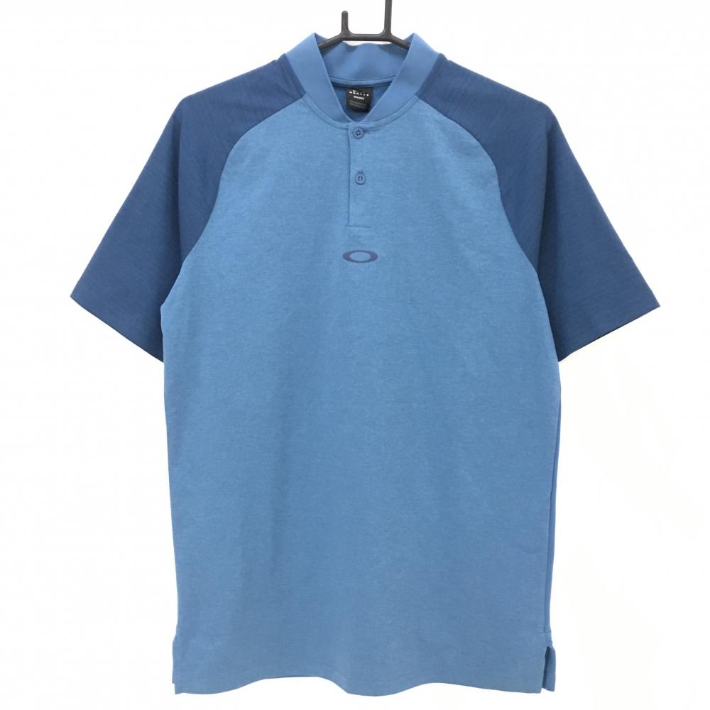 【超美品】オークリー スタンドカラーシャツ ブルー×ネイビー ロゴプリント  メンズ M ゴルフウェア Oakley