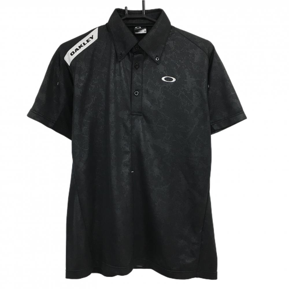 【超美品】オークリー 半袖ポロシャツ 黒 総柄地模様 一部メッシュ調 メンズ M ゴルフウェア Oakley