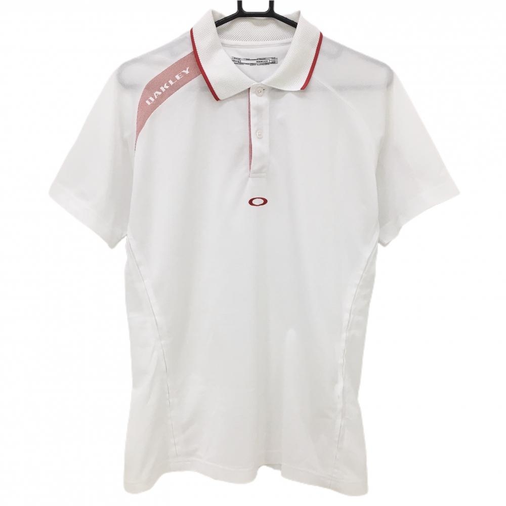 【美品】オークリー 半袖ポロシャツ 白×レッド 肩ロゴ メンズ L ゴルフウェア Oakley