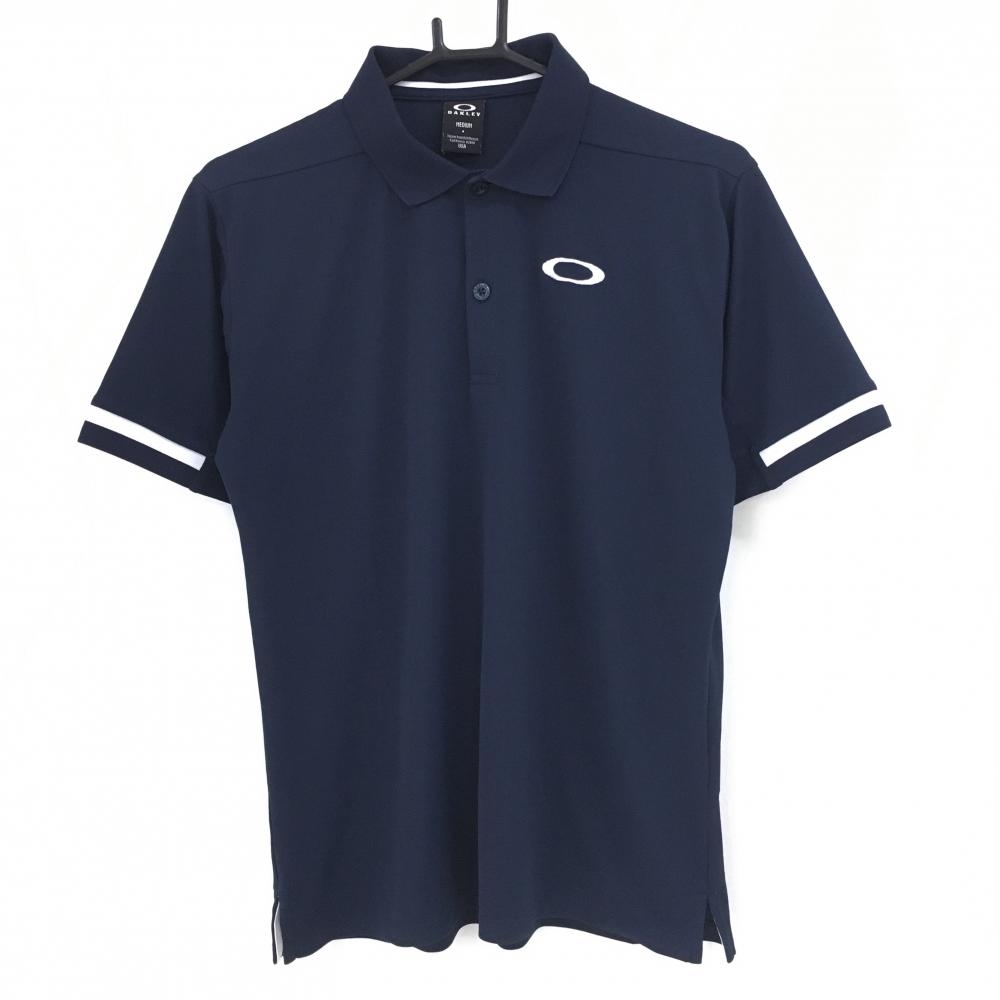 【美品】オークリー 半袖ポロシャツ ネイビー×白 ロゴ刺しゅう メンズ MEDIUM ゴルフウェア Oakley