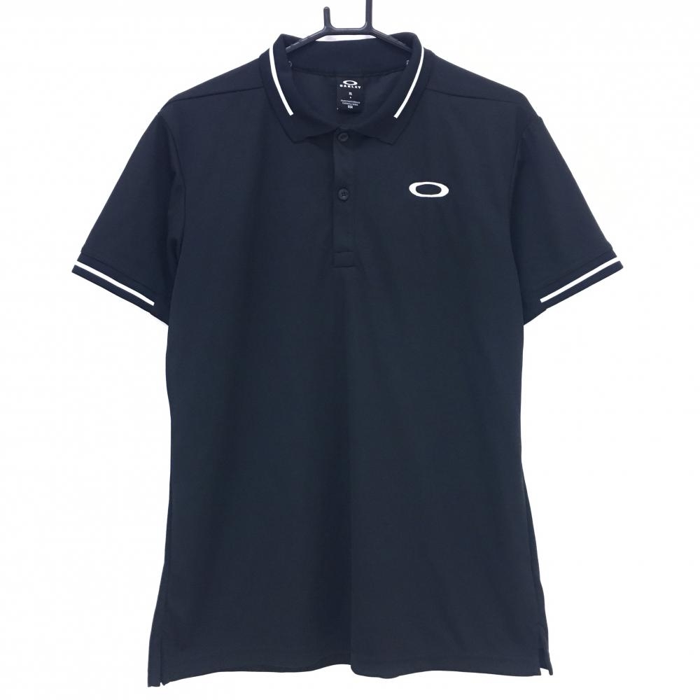 【美品】オークリー 半袖ポロシャツ 黒×白 襟・袖口白ライン ロゴ刺しゅう メンズ XL ゴルフウェア Oakley
