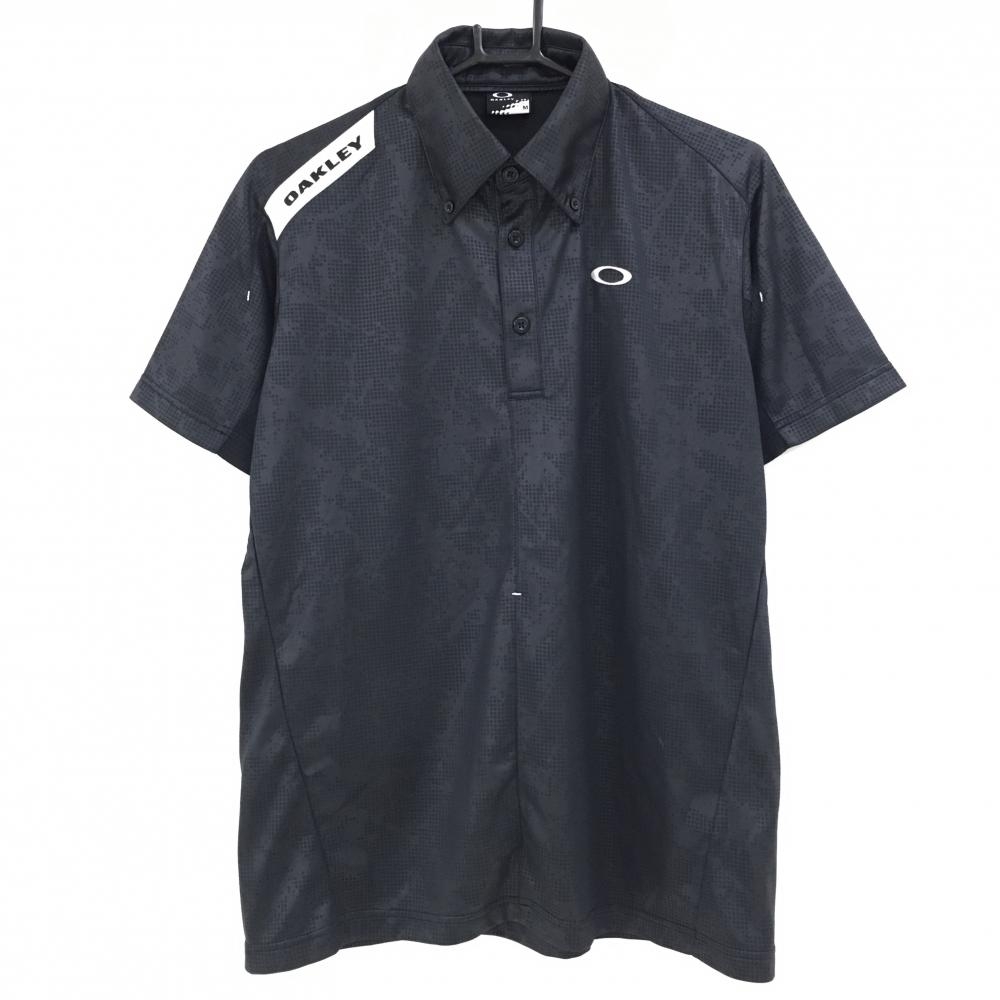 【超美品】オークリー 半袖ポロシャツ 黒 地模様 ロゴ白 ボタンダウン メンズ M ゴルフウェア Oakley