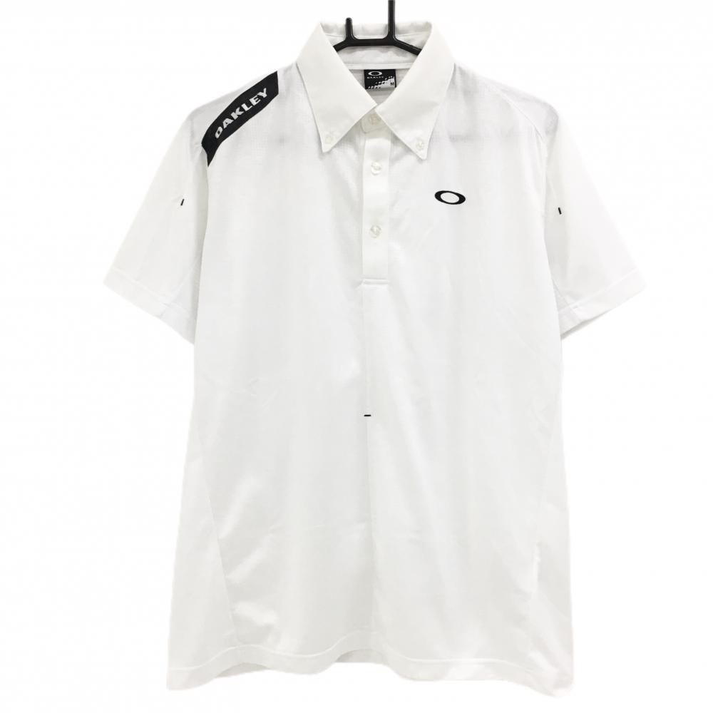 【美品】オークリー 半袖ポロシャツ 白 地模様 ロゴ黒 ボタンダウン メンズ M ゴルフウェア Oakley