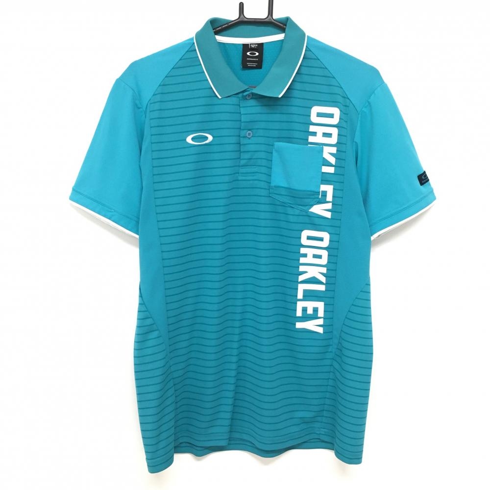 【美品】オークリー 半袖ポロシャツ グリーン系 身頃ボーダー プリント白 メンズ L ゴルフウェア Oakley