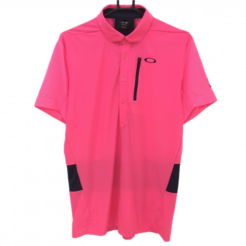 【美品】オークリー 半袖ポロシャツ ネオンピンク×ネイビー ジップポケット ロゴ刺しゅう メンズ Ｌ ゴルフウェア Oakley