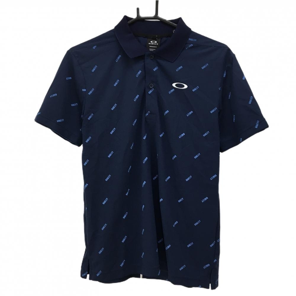 【超美品】オークリー 半袖ポロシャツ ネイビー×ブルー ロゴ総柄 胸元プリント メンズ M ゴルフウェア Oakley