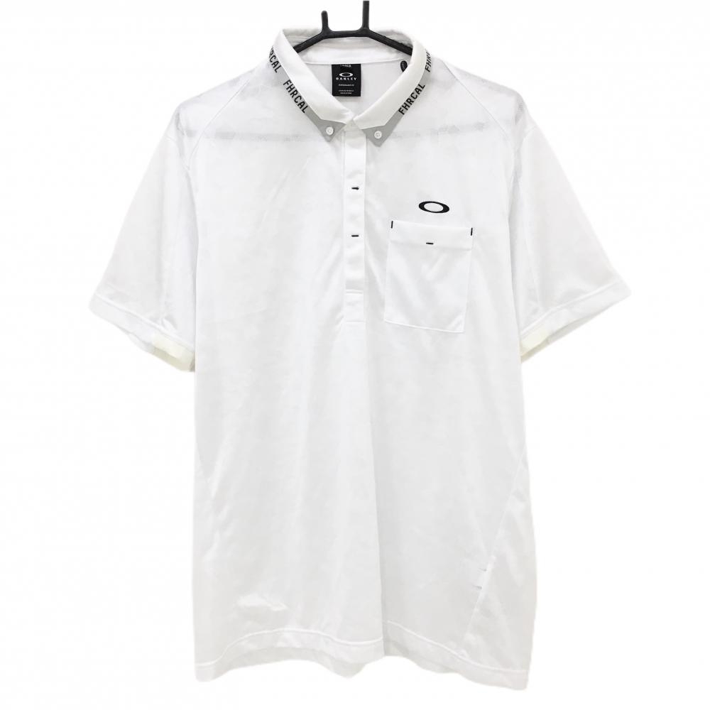 【美品】オークリー 半袖ポロシャツ 白 総柄地模様 ボタンダウン メンズ 2XL ゴルフウェア 2023年モデル Oakley