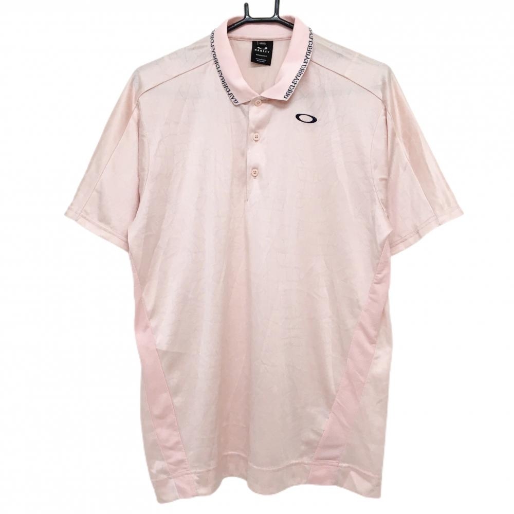 【美品】オークリー 半袖ポロシャツ ピンク×黒 総柄地模様 襟ロゴライン メンズ XL ゴルフウェア Oakley