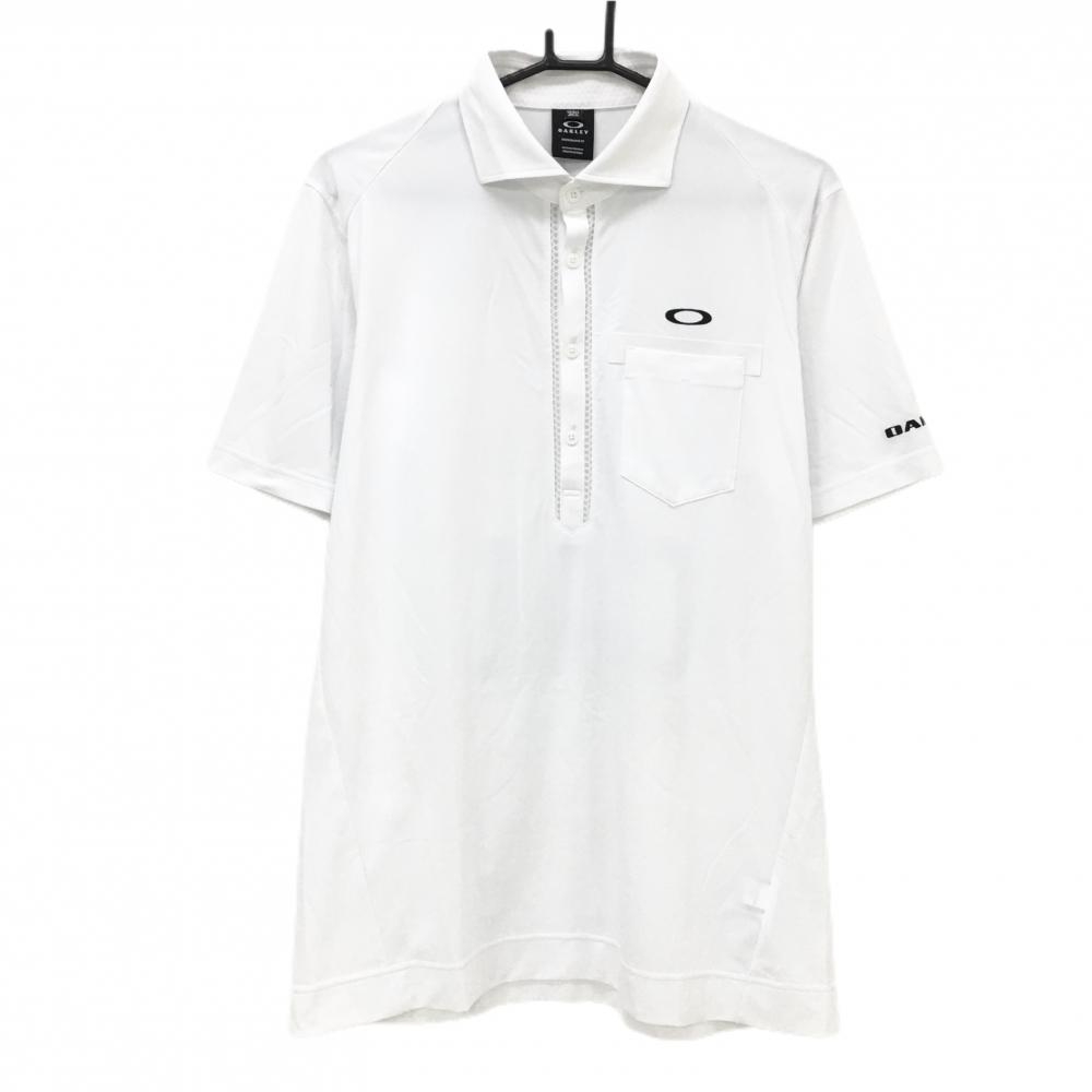 【超美品】オークリー 半袖ポロシャツ 白 ロゴ黒 前立て横・袖下メッシュ メンズ XL ゴルフウェア Oakley