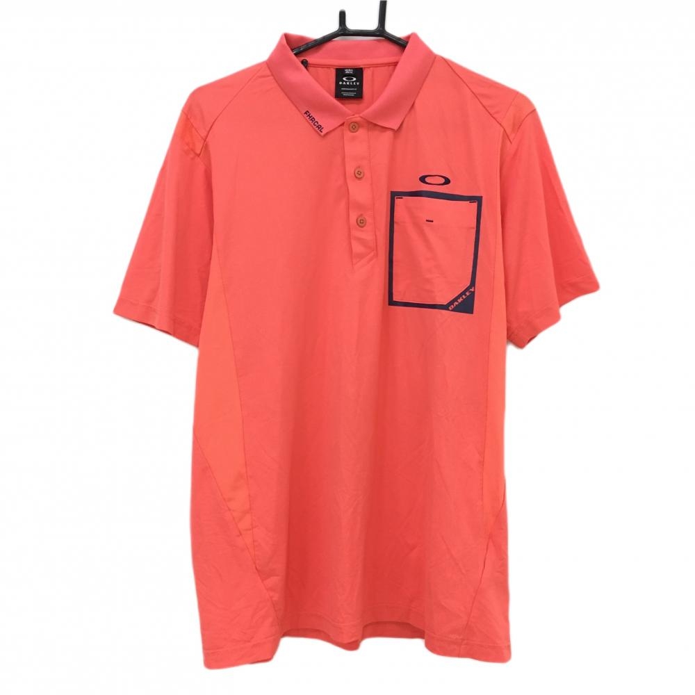 【超美品】オークリー 半袖ポロシャツ サーモンオレンジ×ネイビー 一部メッシュ調生地  メンズ XL ゴルフウェア 2023年モデル Oakley