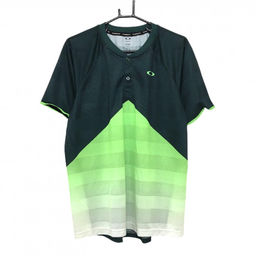 【超美品】オークリー 半袖ポロシャツ グリーン 前身頃下ライトグリーン ボーダー織生地  メンズ XL ゴルフウェア Oakley