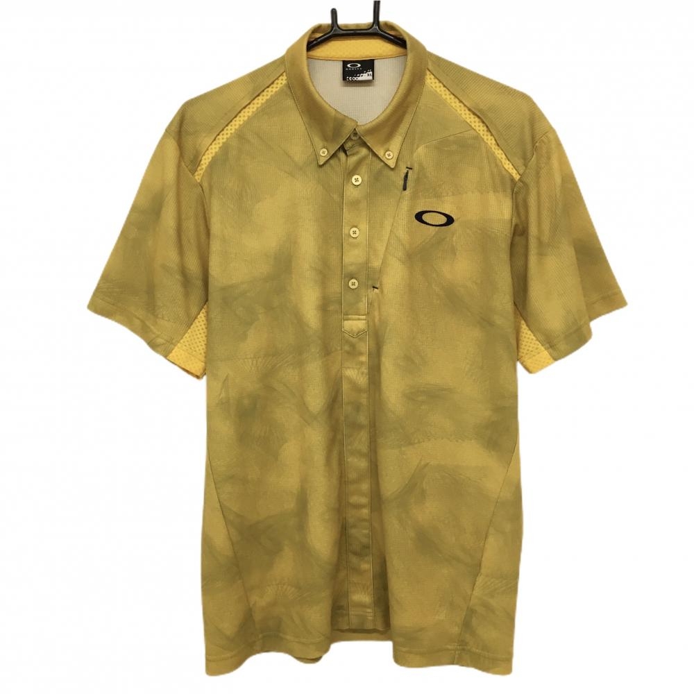 【超美品】オークリー 半袖ポロシャツ マスタードイエロー 総柄 袖下メッシュ ボタンダウン メンズ XL ゴルフウェア Oakley