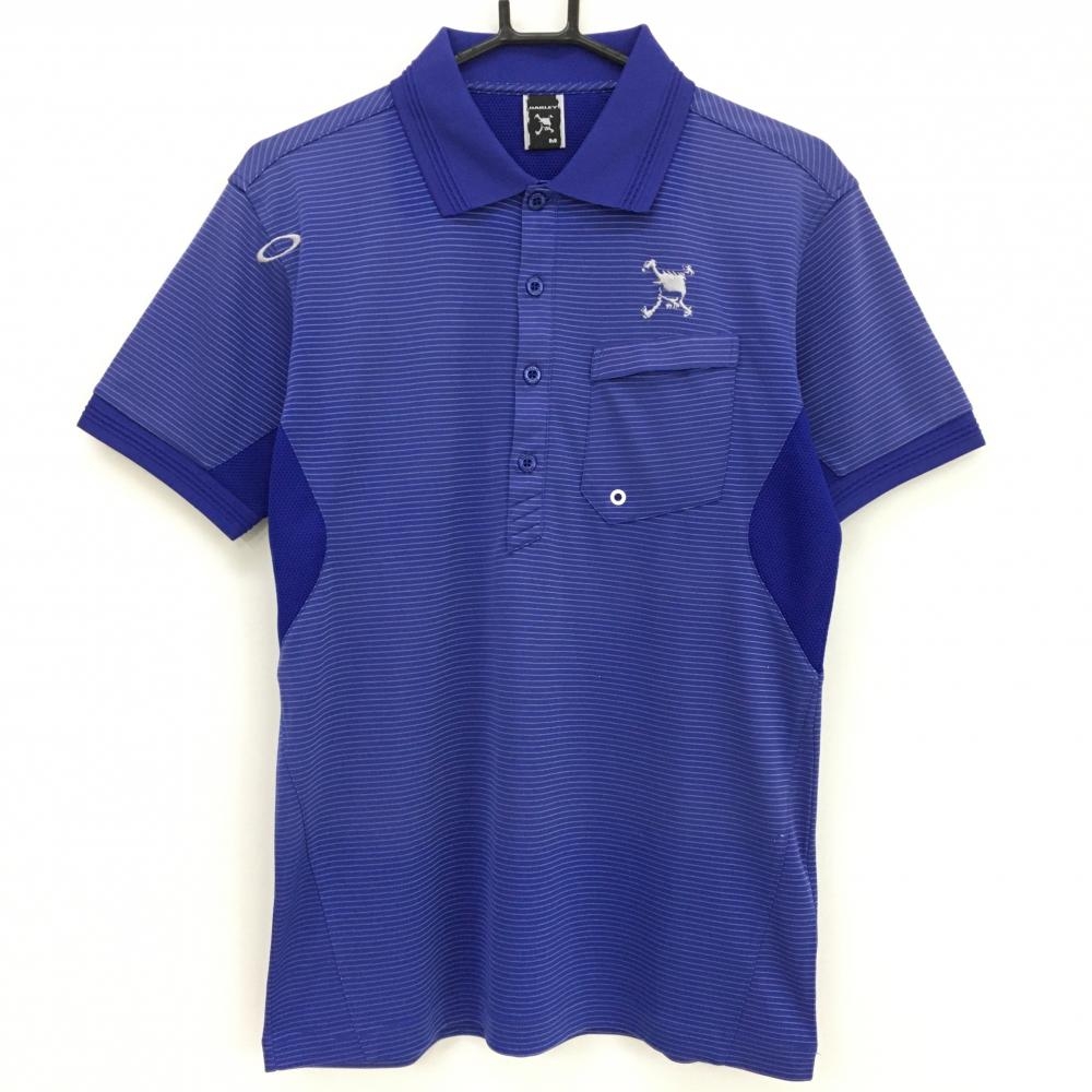オークリー 半袖ポロシャツ ブルー×シルバー ボーダー 胸ポケット メンズ M ゴルフウェア Oakley