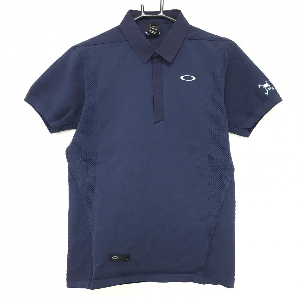 オークリー 半袖ニットポロシャツ ネイビー ロゴライトブルー メンズ M ゴルフウェア Oakley