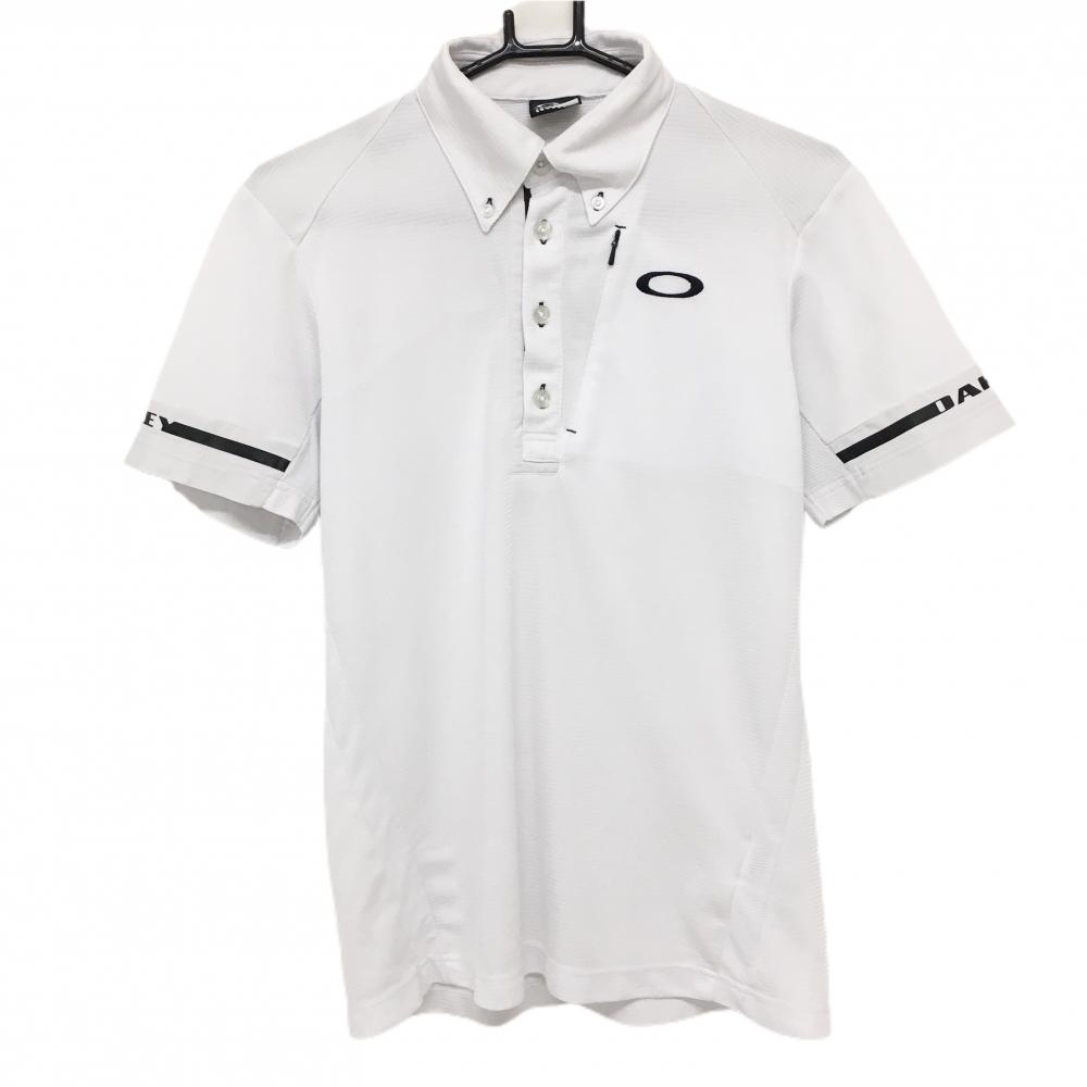 オークリー 半袖ポロシャツ 白×黒 袖ロゴプリント ボタンダウン  メンズ M ゴルフウェア Oakley