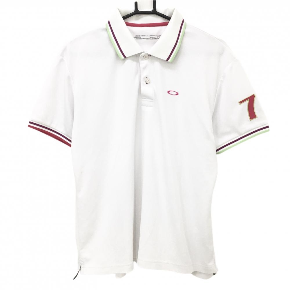オークリー 半袖ポロシャツ 白×ピンク 袖口ライン ロゴ刺しゅう  メンズ L ゴルフウェア Oakley
