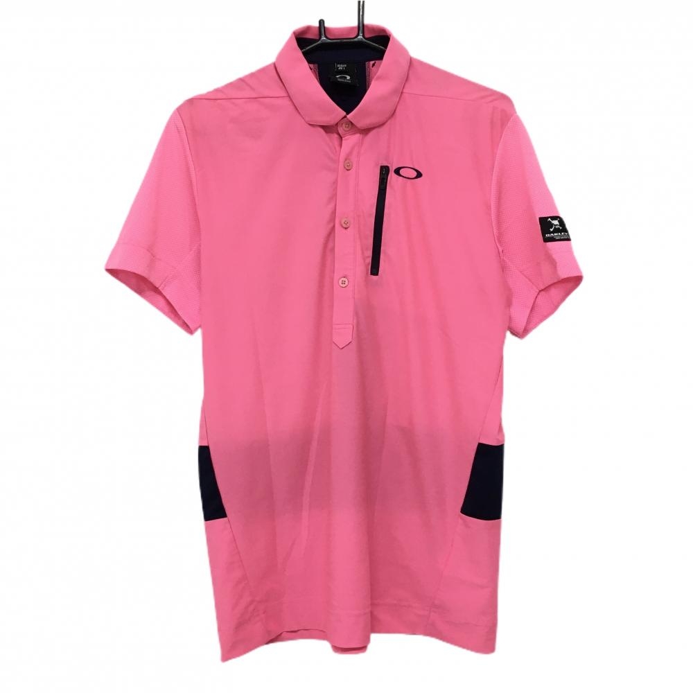 【超美品】オークリー 半袖ポロシャツ 蛍光ピンク×ネイビー 背面切替   メンズ L ゴルフウェア Oakley