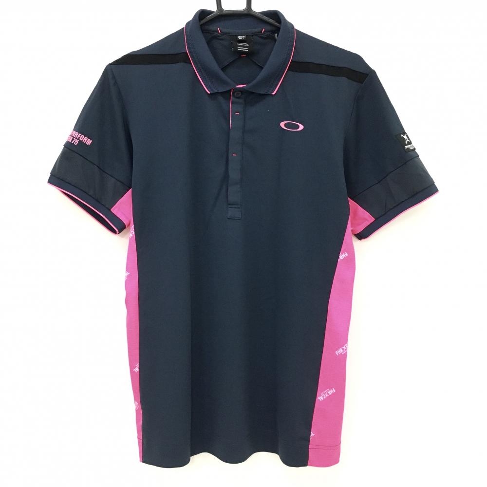 【超美品】オークリー 半袖ポロシャツ ネイビー×蛍光ピンク サイド切替  メンズ L ゴルフウェア Oakley