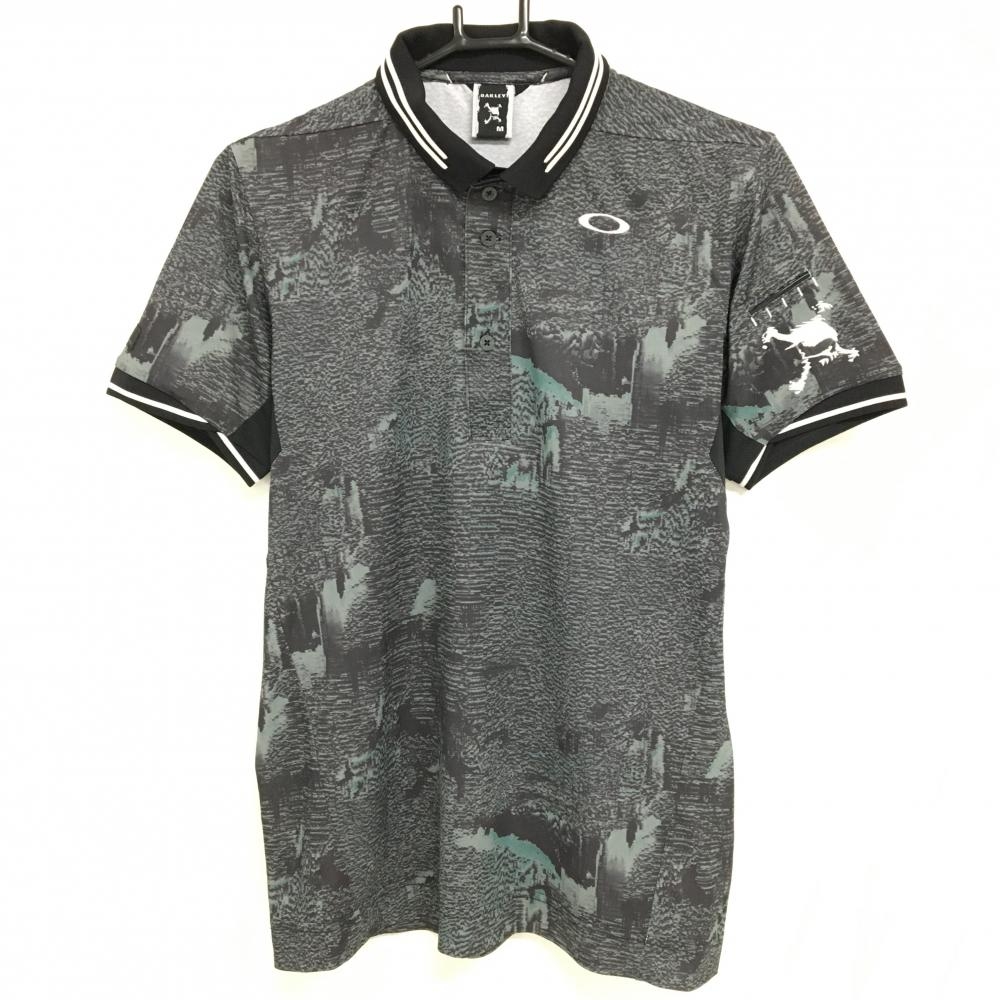 【超美品】オークリー 半袖ポロシャツ グレー×黒 総柄 ティー装着可 メンズ M ゴルフウェア Oakley