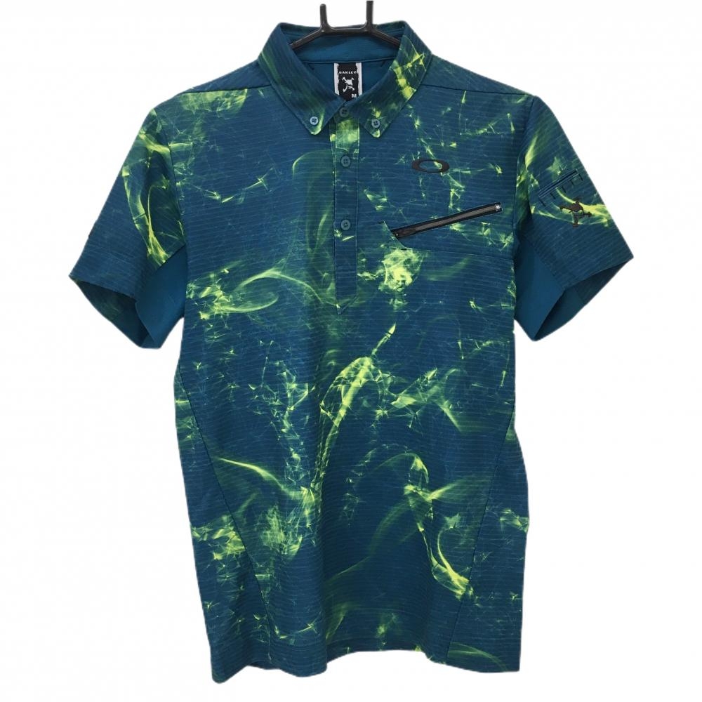 【超美品】オークリー 半袖ポロシャツ グリーン×イエロー 総柄 ティー装着可  メンズ M ゴルフウェア Oakley