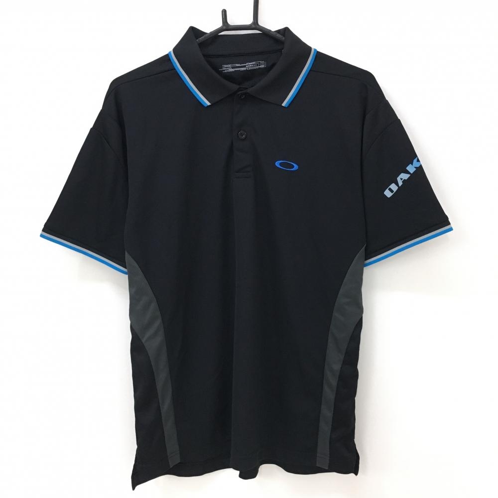 【超美品】オークリー 半袖ポロシャツ 黒×グレー ロゴブルー  メンズ L ゴルフウェア Oakley