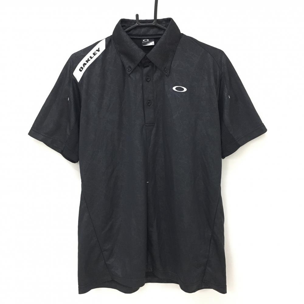 【超美品】オークリー 半袖ポロシャツ 黒 地模様 ボタンダウン ロゴ白 メンズ L ゴルフウェア Oakley