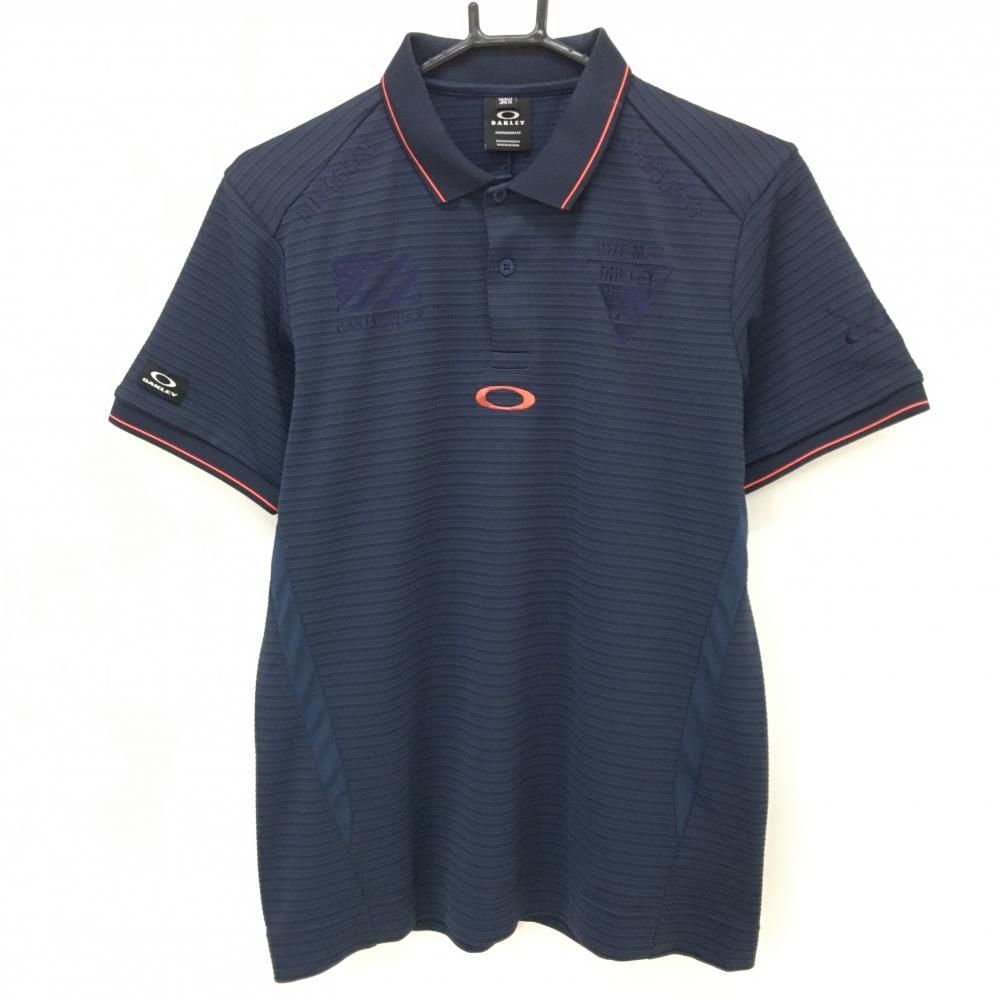オークリー 半袖ポロシャツ ダークネイビー×オレンジ ボーダー地模様 ロゴ刺しゅう  メンズ M ゴルフウェア Oakley