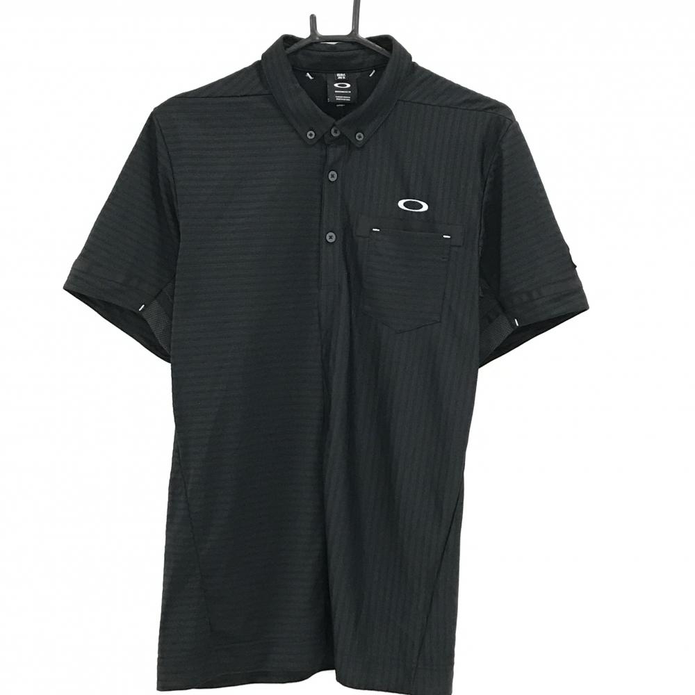 【超美品】オークリー 半袖ポロシャツ ダークグレー×黒 ストライプ ボーダー 胸ポケット ボタンダウン メンズ XL ゴルフウェア Oakley