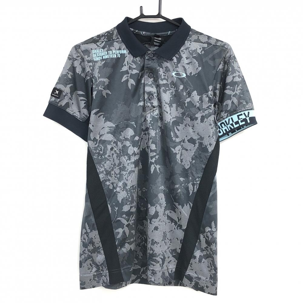 【超美品】オークリー 半袖ポロシャツ グレー×シルバー 総柄 ロゴ刺しゅう メンズ M ゴルフウェア Oakley